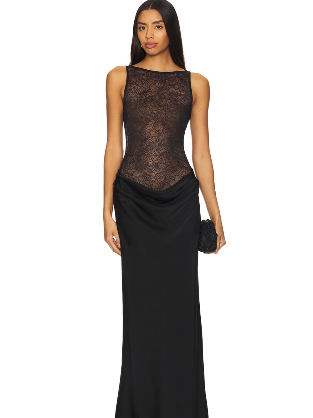 NBD Black Lace-Back Draped Evening Gown
